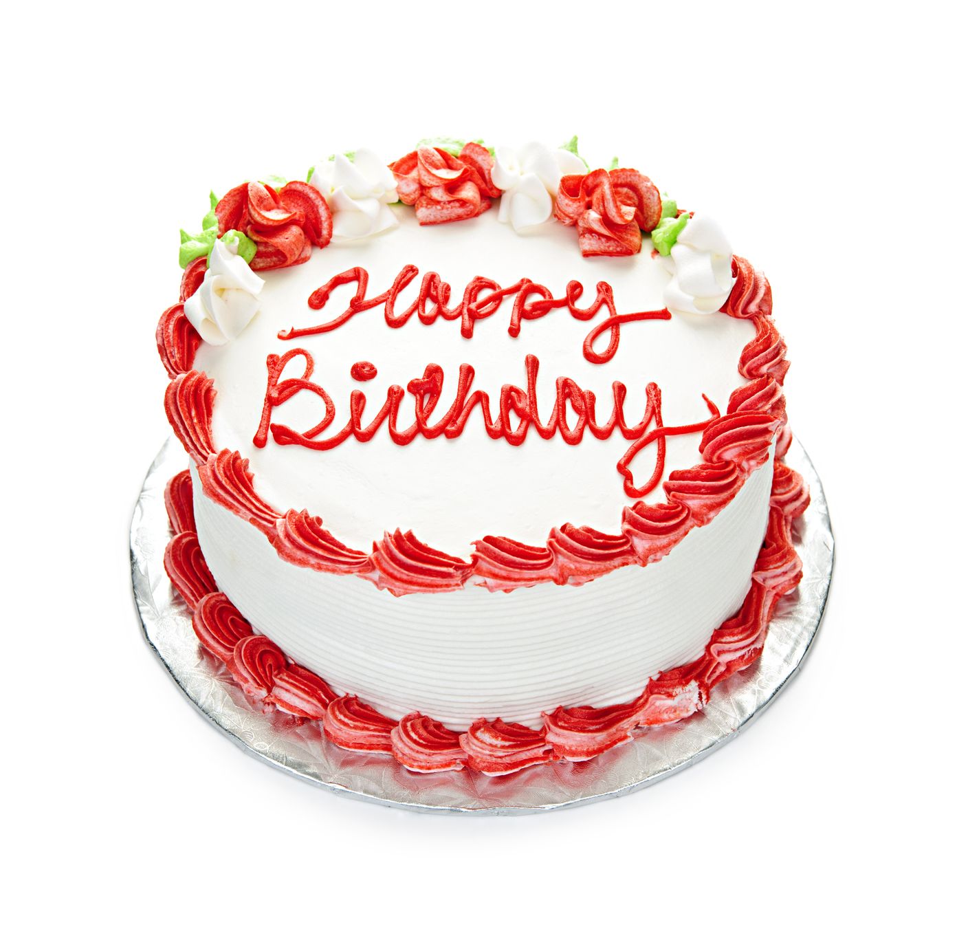 7996146 - birthday cake with white and red icing isolated on white